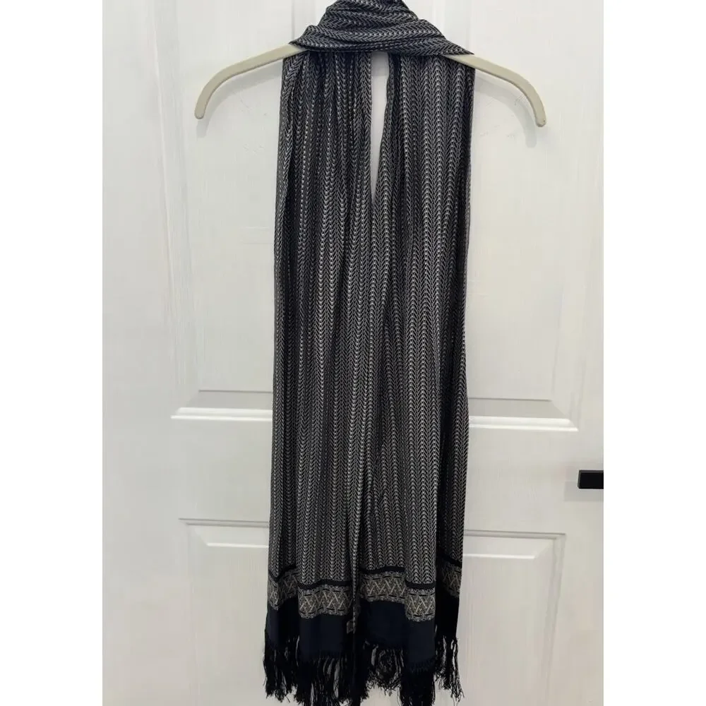 Vintage DKNY Donna Karan New York 100% Silk Scarf Black Geometric Fringe Korea